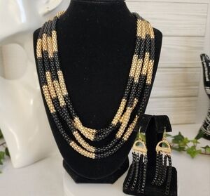 Black and Gold Multi Chain Mesh Necklace And Earrings Set